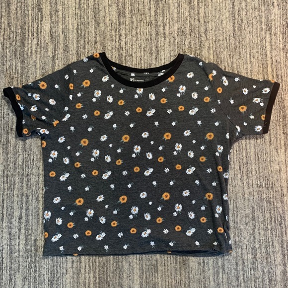 No Boundaries Floral Crop Top Baby Tee‎ Sunflower Daisy Print Black Trim XL - Picture 1 of 6